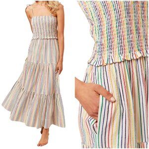 Solid & Striped The Indigo Dress in Rainbow Pinstripe S small smocked midi